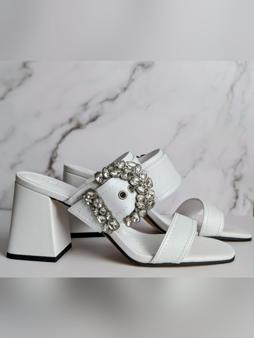 Karl Lagerfeld Paris Sylvie White Crystal Buckle Heels Sz 8 NIB